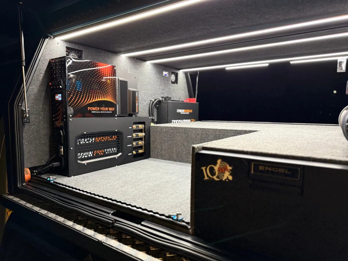 Canopy electrical and dual battery setup with storage and lighting