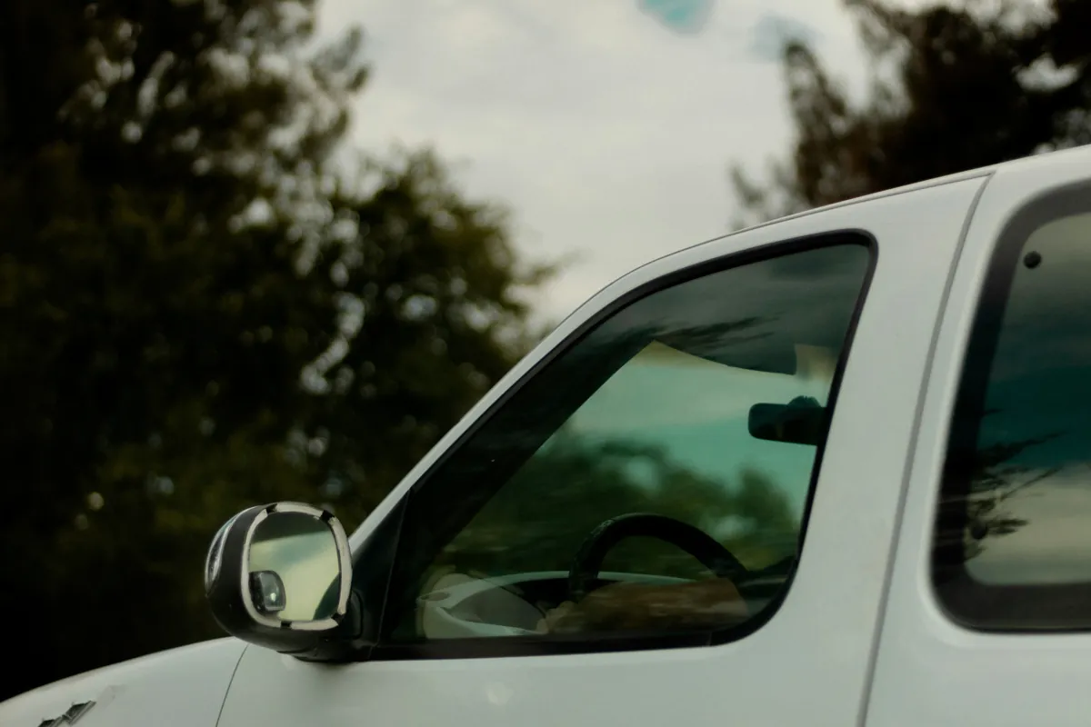 Side mirror and front door of a white pickup